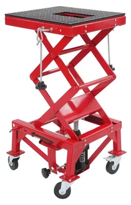 Produktbild von Hydraulische Motorrad Hebebühne - Motorradheber 200 kg Tragkraft - Hubhöhe 35-87 cm - 4 Sicherheitsstangen & Rollen - Rot