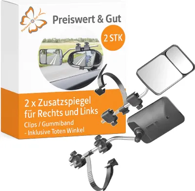 Produktbild von 2 x Universal Wohnwagenspiegel mit konvexem Toter-Winkel-Spiegel, Zusatzspiegel fürs Auto und Caravan, Spiegelverlängerung für Außenspiegel, 2 Clips Befestigung, E-, 44 cm