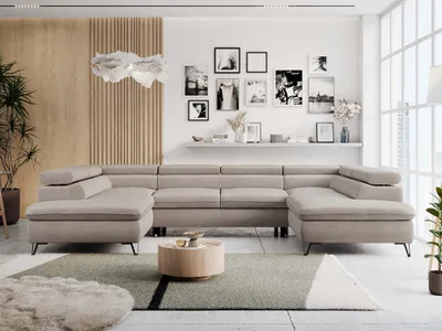 Produktbild von Wohnzimmersofa U-form, Eckcouch, Schlaffunktion und Bettkasten - PETER U - Velvet - Beige