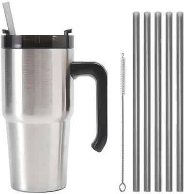 Produktbild von Isolierbecher – Doppelwandig mit Griff und 5 Trinkhalmen – 600 ml
