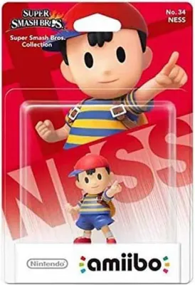 A Nintendo amiibo figure of Ness from Super Smash Bros. in its retail packaging.