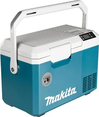 A teal and white Makita cooler box with a digital display on top.