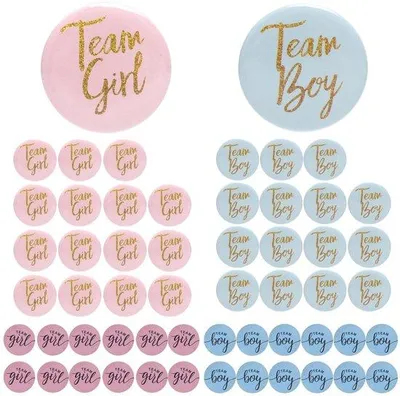Productafbeelding van Dailygoods - 56 stuks geslacht openbaar button, Team Girl en Team Boy Pin badge 32 Gender Reveal Pin + 24 Gender Reveal Stickers voor Baby Shower Party Decoratie Accessoires Sticker voor (Blauw en Roze)