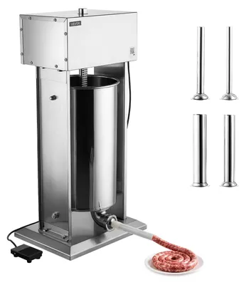 Immagine prodotto di Macchina per insaccare salsicce elettrica VEVOR, capacità 25 litri, modello verticale, in acciaio inossidabile, ideale per uso domestico, commerciale, per la caccia e per l'alimentazione animale, dotata di pedale, controllo continuo della velocità, 4 ugelli di riempimento e componenti lavabili in lavastoviglie