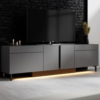Obrázok produktu pre Skye Decor, kvalitný stojan na televízor, antracitová farba, 180 x 50 x 32 cm | 100% melamínová drevotrieska, hrúbka 18 mm | kovové nohy, RGB LED osvetlenie, moderný a funkčný dizajn.