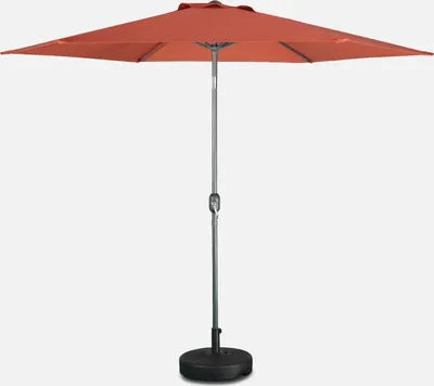 A studio shot of a terracotta patio umbrella with a gray pole and black base against a light gray background.