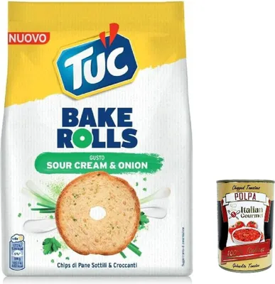 Produktbild von 12x Tuc Bake Rolls, dünne und knusprige Brotchips mit Sauerrahm- und Zwiebelgeschmack 150 g + Italian gourmet polpa 400g