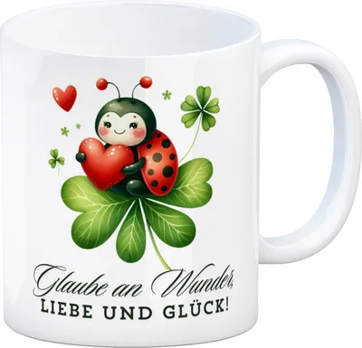 Produktbild von Marienkäfer Kaffeebecher mit Spruch Glaube an Wunder, Liebe und Glück!