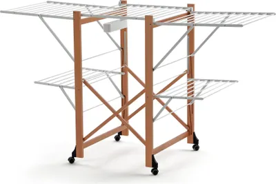 A multi-tiered drying rack with wooden frame and white metal drying rods, shown against a white background.