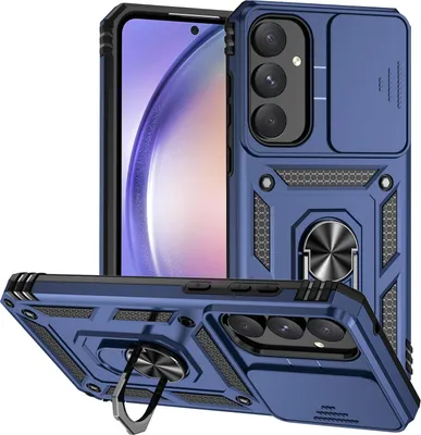 Immagine prodotto di Custodia per Samsung Galaxy A55 5G a doppio strato con copertura scorrevole della fotocamera e supporto ad anello blu