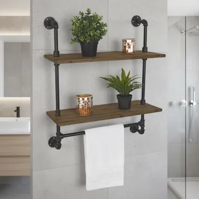 Produktbild von Mucola Wandregal mit Handtuchhalter BraunHandtuchstange Massivholz Rustikal Wandboard Hängeregal Konsole Ablage