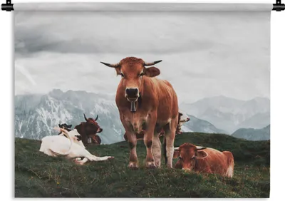 Produktbild von MuchoWow® Wandteppich Wandbehang Tiere - Kuh - Berg 120x90 cm Tapisserie Dekoration Wandtuch - Wohnen - Aufhänger für die Wand