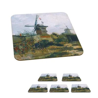 Produktbild von KitchenYeah® Glasuntersetzer Quadratisch 6er Set Windmühlen auf dem Montmartre - Gemälde von Vincent van Gogh 10x10 cm Untersetzer für Gläser - Getränkeuntersetzer - Tischplattenschutz - Tischunterse