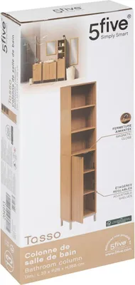 The image shows the packaging of a bathroom cabinet, with a depiction of the assembled product on the front.