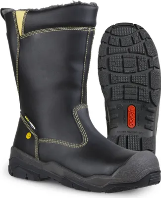 A pair of black winter work boots shown from the front and side, with the sole of one boot visible.