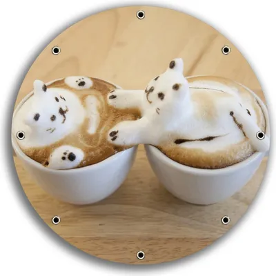Produktbild von Wallario rundes Outdoor-Poster für Garten oder Balkon, Motiv Süße Milchschaum Katzen auf Kaffee, 30 cm Durchmesser