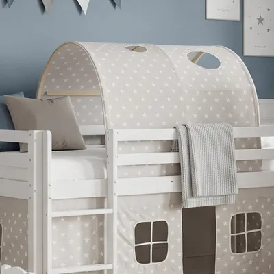 Produktbild von Homestyle4u Betttunnel für Hochbett Weiß Grau Sterne Zubehör Baumwolle Schwarz Weiß 100x90x70 cm