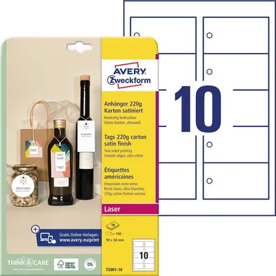 Image de AVERY Zweckform T2001-10 AVERY Zweckform Hängeetiketten weiß 90,0 x 50,0 mm blanko, 100 St.