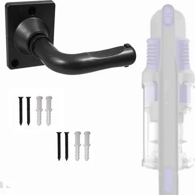 A black wall mount bracket for a vacuum cleaner wand, along with screws and wall plugs, is shown next to a faded image of a vacuum cleaner.