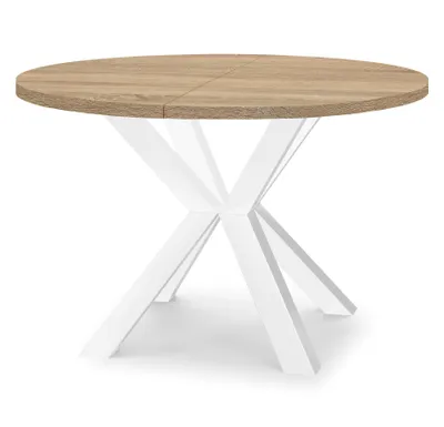 Produktbild von Runder Ausziehbarer Tisch für Esszimmer RAL mit Holzbeinen, Loft-Stil, Industriel, Durchmesser: 110 / 210 cm, Farbe: Eiche Sonoma / Weiß