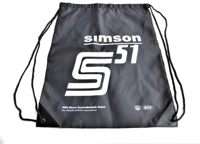 Produktbild von Simson Retro Sportbeutel aus Polyester, Schwarz mit Kordelzug, Simson S51 Motiv, strapazierfähig und robust