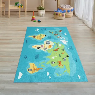 Image de Tapis d'apprentissage de la carte du monde pour enfants Animaux & mers en bleu Taille - 80 x 150 cm