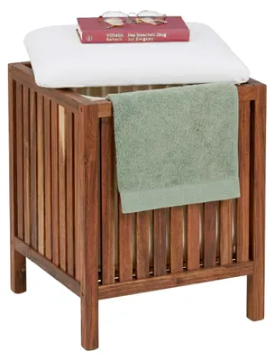 Produktbild von Relaxdays Wäschekorb mit Sitz, Badbank mit Stauraum, 50 l Wäschesammler, HBT 50x40x40 cm, Akazienholz, Stoff, braun/weiß