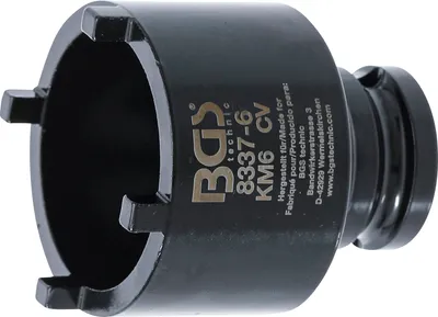 A black tool, likely a socket wrench adapter, is shown against a white background. Text and branding are visible on the side of the tool.