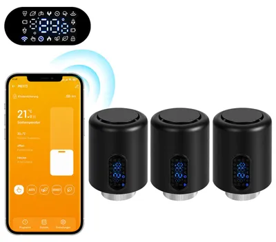 Obrázek produktu pro Chytrý termostat pro radiátory Peviasot, WiFi, ovládání přes aplikaci, kompatibilní s platformami Smart Life/Tuya, 7 adaptérů pro ventily, černý, sada 3 kusů