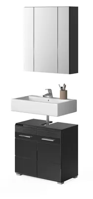 Produktbild von Badmöbel Set 2-teilig "Leon" schwarz Hochglanz Badkombination 60 x 182 cm mit LED