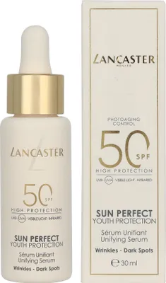 Produktbild von Lancaster Sun Perfect Unifying Serum SPF 50, Sonnenserum, Gesicht, Tropfflasche, Anti-Aging, Anti-Mitesser, Anti-Falten, Feuchtigkeitsspendend, Schutz, Reparatur, Jeder Hauttyp, 30 ml