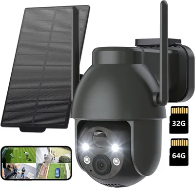 Obrázek produktu pro 2K venkovní dohledová kamera s dobíjecí baterií 360°PTZ WLAN kamera s barevným nočním viděním solární kamera venkovní dohled PIR detektor pohybu 2cestný zvuk s 32G a 64G