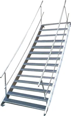 A metal staircase with handrails against a white background.