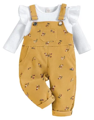 Immagine prodotto di Abbigliamento per bambine, magliette a maniche lunghe in tessuto a coste, salopette con motivo floreale e tasca, taglia 18-24 mesi