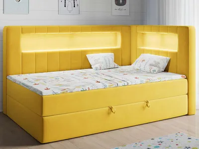 Produktbild von Polsterbett 90x200, Kinderbett mit LED, Matratze und Topper - JUNIOR-GOLD-3 - Gelb - Rechte Seite