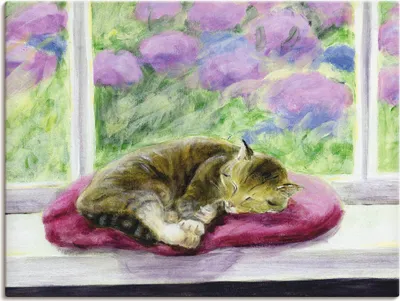 Produktbild von ARTland Leinwandbild Katze auf Gartenfensterbank Größe: 60x45 cm