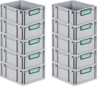Produktbild von SuperSparSet 10x Eurobox NextGen Color | HxBxT 17x30x40cm | 16 Liter | Griffe grün geschlossen | Glatter Boden | Grau | Eurobehälter, Transportbox, Transportbehälter, Stapelbehälter