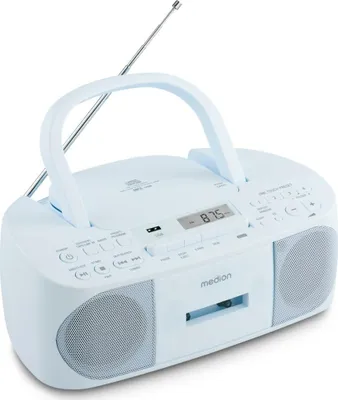 Obrázek produktu pro MEDION E65010 Stereofonní rádio (CD přehrávač, kazeta, připojení USB, audio vstup AUX, přehrávání MP3. FM PLL rádio, paměť na 40 stanic, provoz na baterie, dálkové ovládání) modrá