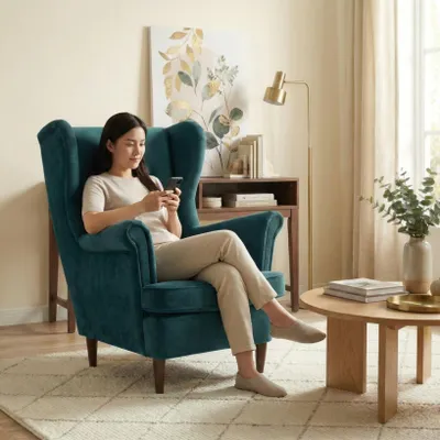 Produktbild von Ohrensessel DIANA Aura – gesteppter Sessel, skandinavisch, Velours Türkis, Family Meble