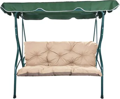 A garden swing with cushions and a canopy, shown against a white background.