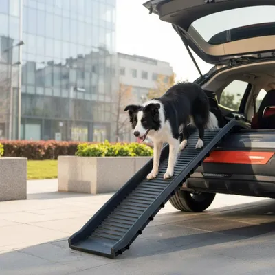 Produktbild von Hunderampe klappbar max 90KG Teleskop in schwarz Einstiegshilfe Hundetreppe Tier