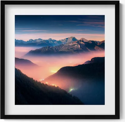 Produktbild von Berggipfel Landschaft– Wandbild mit Rahmen – Gerahmtes Bild  – Wanddekoration – 50x50 cm –  Schwarz Rahmen