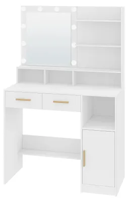 Image de Table de maquillage - Table de coiffure avec miroir - 10 LED - Intensité réglable - 3 étagères - 4 compartiments ouverts - 2 tiroirs - Blanc