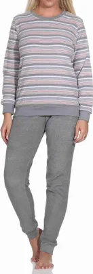 Produktbild von Wunderschöner Damen Frottee Schlafanzug langarm Pyjama mit Bündchen - auch in Übergrössen ; grau , 40