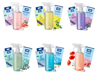 Produktbild von SINI Reinigung Starterset Bundle Groß – 17-teiliges Set – 6 Sprühflaschen, 12 Refill-Tabs & 5 Mikrofasertücher – Komplett-Set für Küche, Bad, WC, Fenster, Boden & Universal