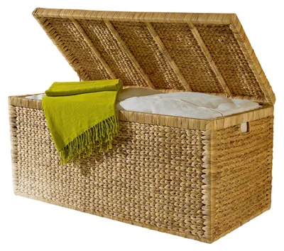 Produktbild von Geflecht Truhe mit Klappdeckel 95 cm, natur atmungsaktiv Aufbewahrungsbox mit Deckel Aufbewahrungskiste Aufbewahrungstruhe Wäschetruhe Auflagenbox