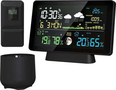 Produktbild von Drahtlose Wetterstation, 8-in-1-Innen-/Aussenthermometer, Temperatur, Luftfeuchtigkeit, Uhrzeit, Datum, Funksignal, Luftdruck, Mondphasenanzeige, Regenmesser, digitale Wettervorhersagestation, Wecker mit 7,5-Zoll-Farb-Touchscreen, einstellbare Hintergrundbeleuchtung