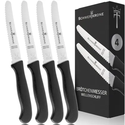 Produktbild von SCHWERTKRONE® Frühstücksmesser [ROSTFREIER EDELSTAHL] - Brötchenmesser Messer - Brotzeitmesser Jausenmesser Tafelmesser - Schneidemesser Wellenschliffmesser - Vespermesser Sägemesser (4er Set)