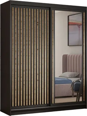 Image de Armoire Dora avec lamelles et miroir 180 cm, 2 portes coulissantes incluses Armoire à portes coulissantes (couleur : noir, noir, lamelles artisan)