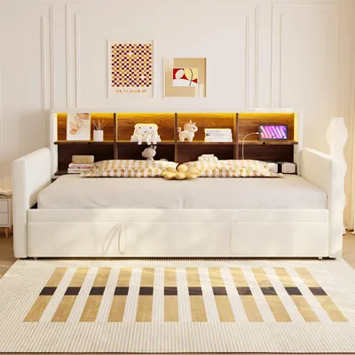 Obrázek produktu pro okwish Rozkládací postel 90x190 Daybed Dětská postel s inteligentním čelem a LED světelnými lištami, jednolůžko Juniorská postel s nabíjecími zásuvkami a úložnými přihrádkami, Béžová (bez matrace)
